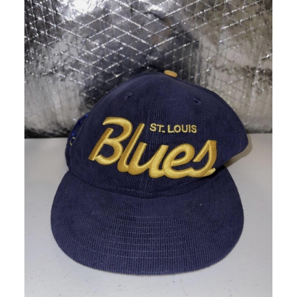 St. Louis Blues Hat Cap Fitted Mens 7 3/8 Navy Gold NHL Hockey Corduroy New Era